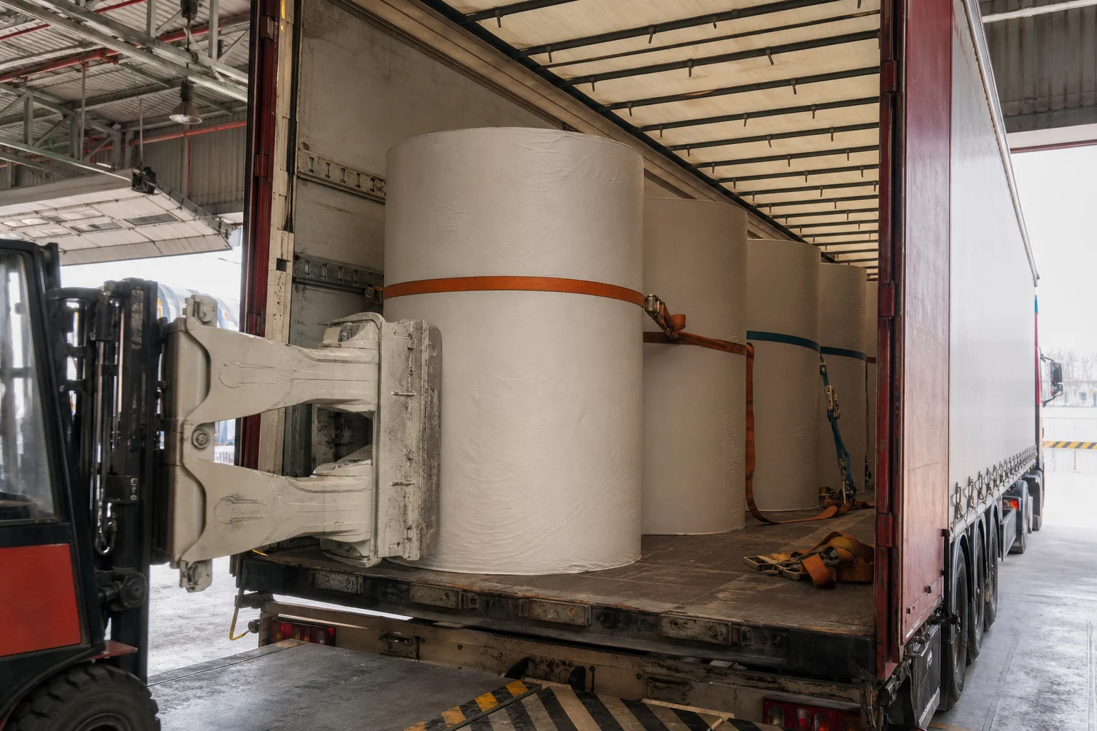 Rulo kağıt bobin taşımacılığı - kapalı kasa tırda kağıt bobinleri yükleniyor